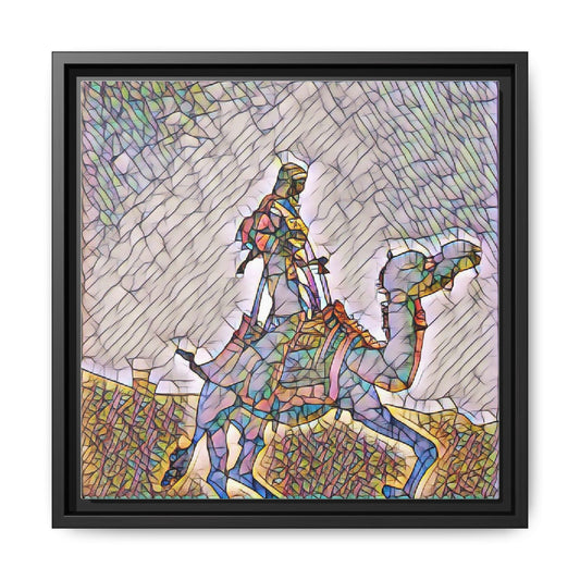 Framed Camel Rider Matte Canvas Art — Colorful Mosaic Desert Wall Decor