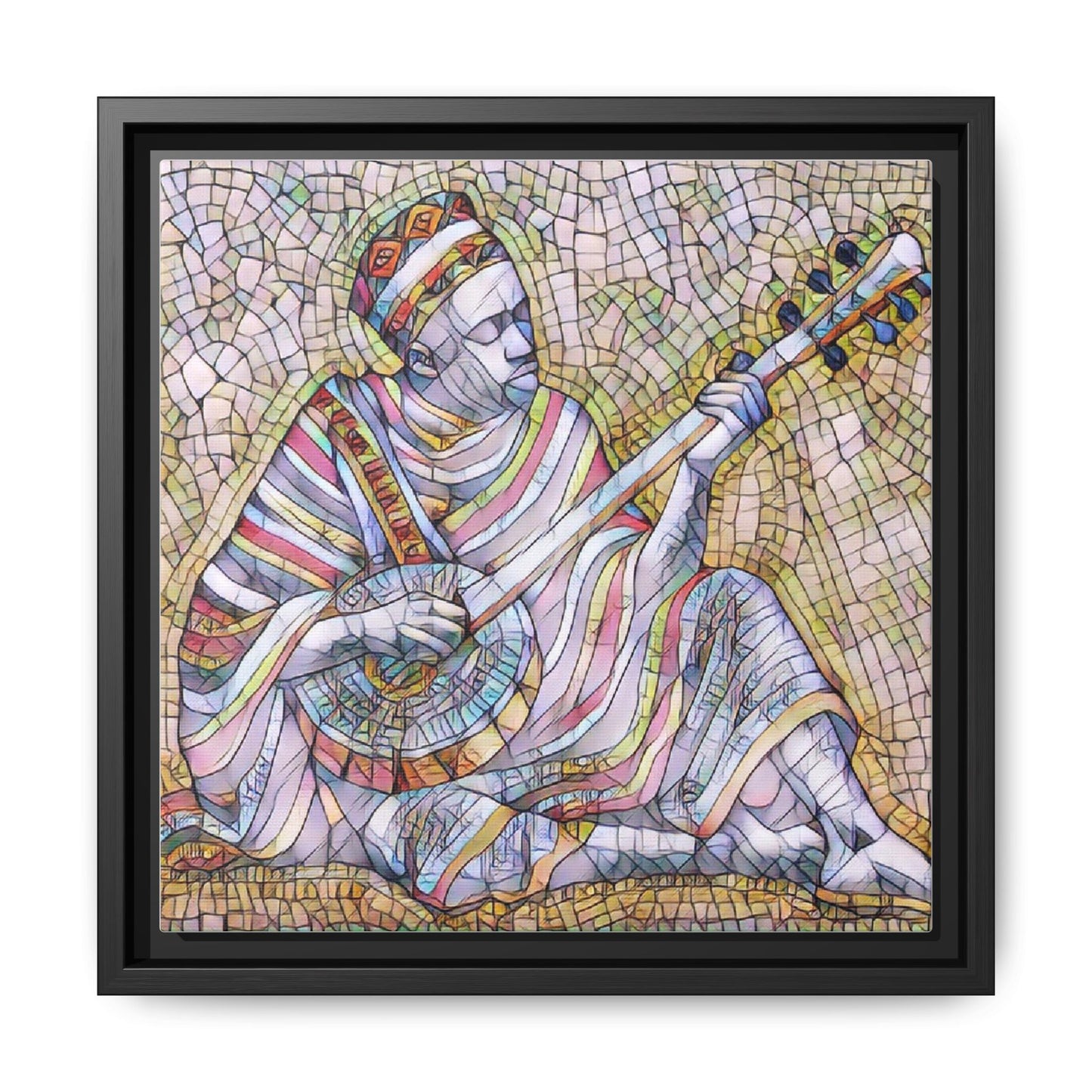 Framed Mosaic Musician Canvas – Colorful Bohemian Wall Art
