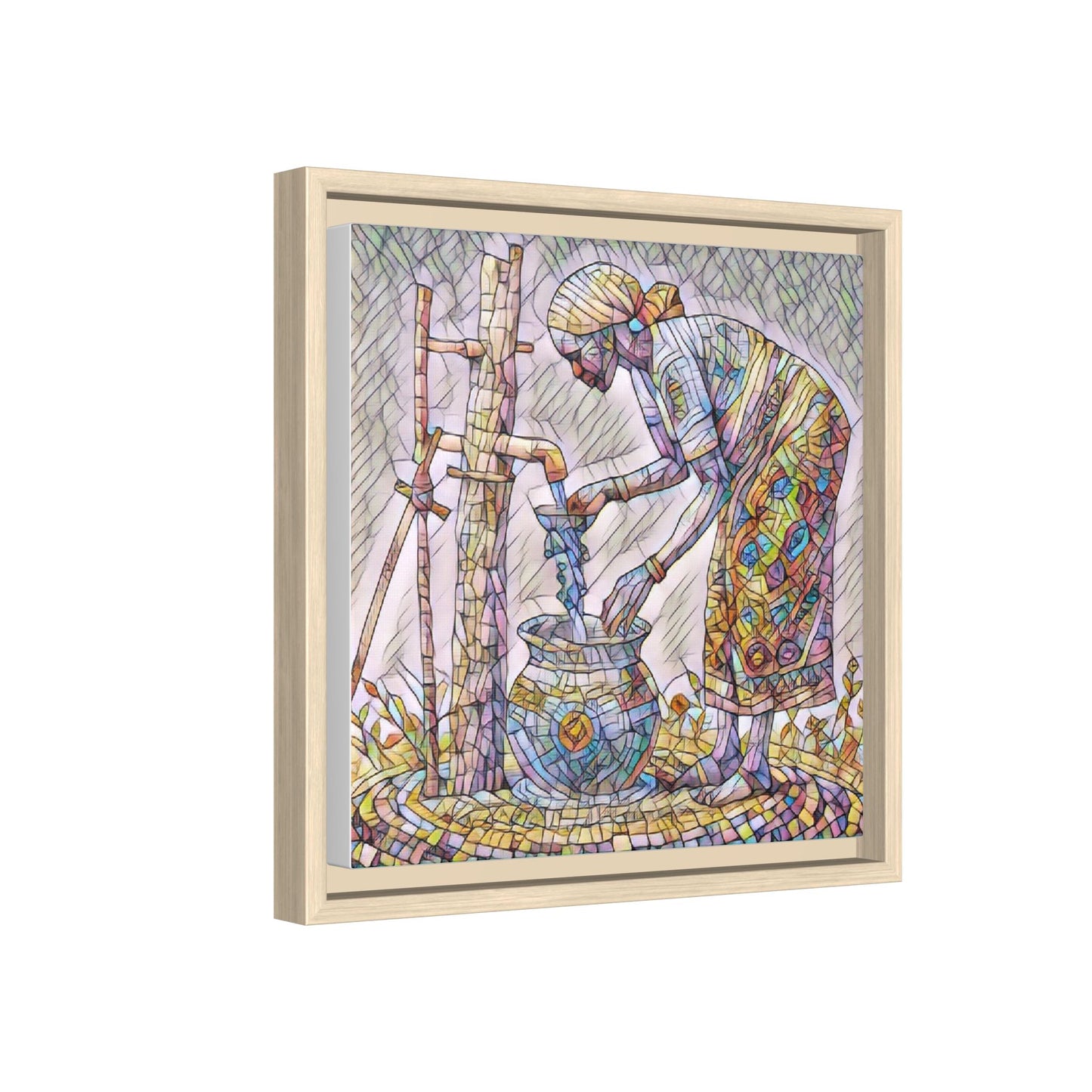 Framed Matte Canvas Art — Colorful Mosaic Woman at Well