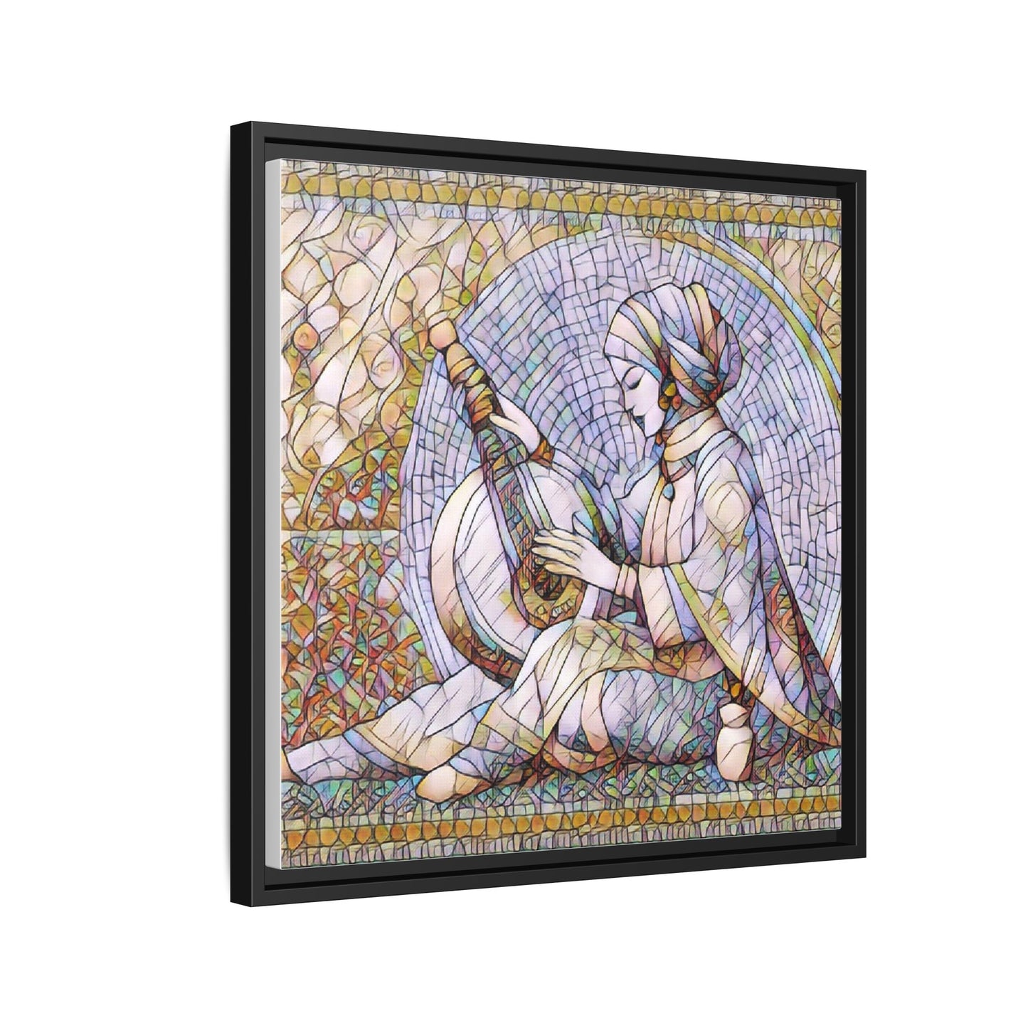 Framed Matte Canvas: Mosaic Lute Player Wall Art — Bohemian Musical Portrait