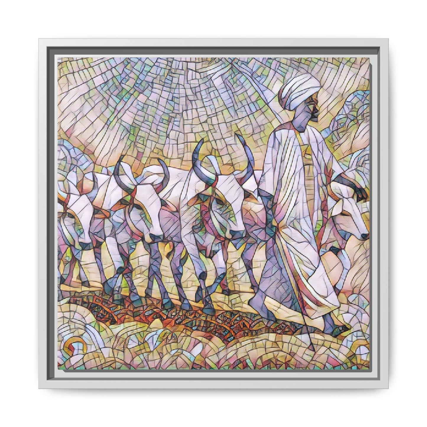 Framed Matte Canvas Art — African Herdsman Mosaic Print