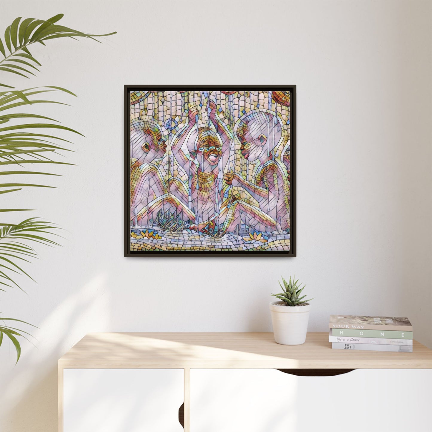 Framed Matte Canvas Art — Mosaic Children Playing (Multicolor)