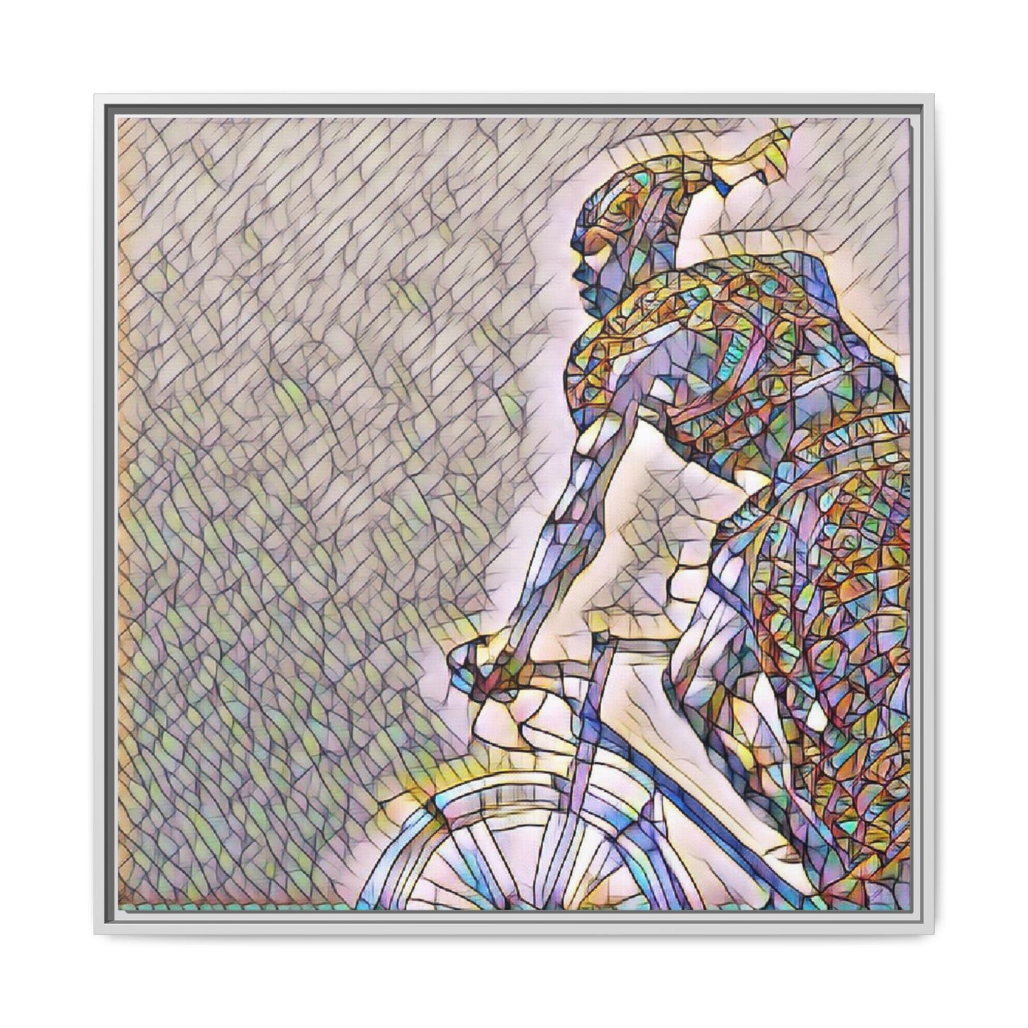 Cyclist Mosaic Matte Canvas Print — Framed Multicolor Bike Art