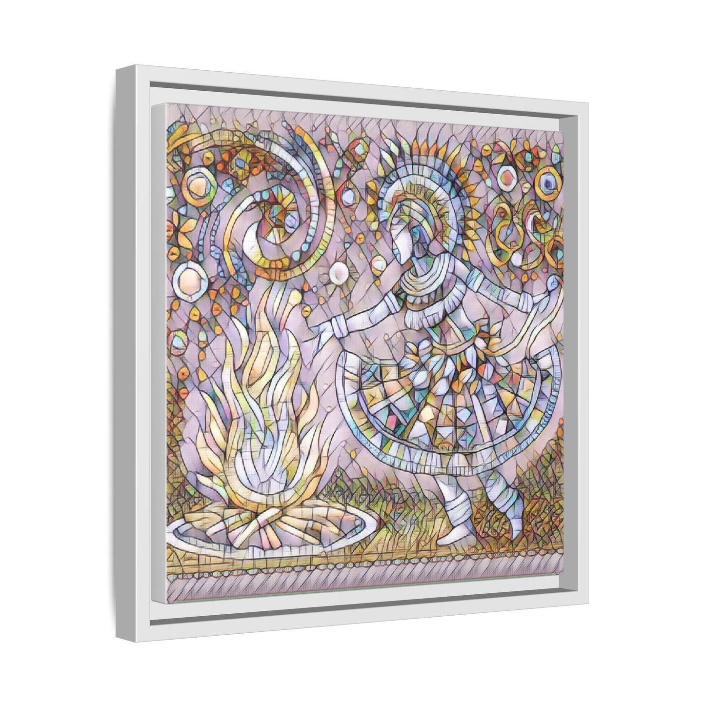 Bohemian Fire Dancer Framed Canvas Art — Colorful Folk Mosaic Wall Decor
