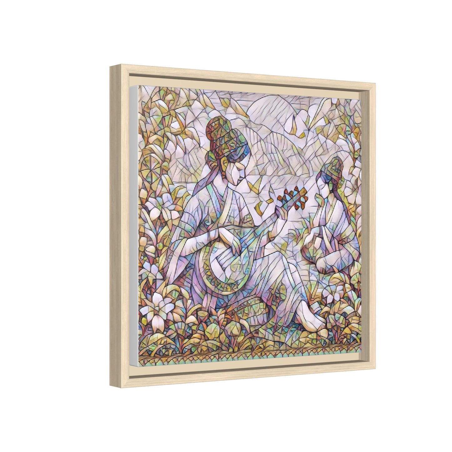 Framed Matte Canvas Art - Vintage Asian Musicians Floral Illustration