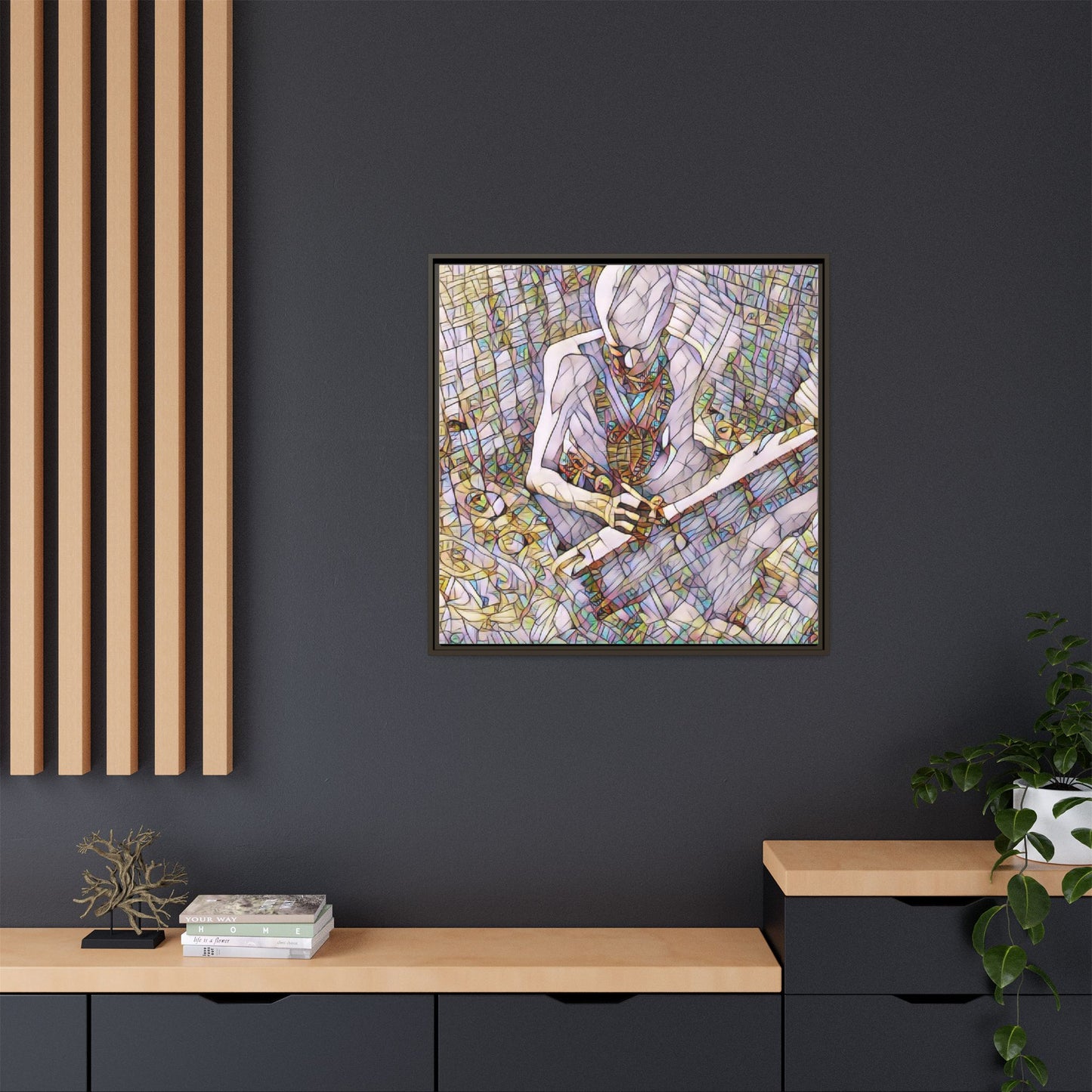 Abstract Fantasy Warrior Matte Framed Canvas — Colorful Stained-Glass Style Art