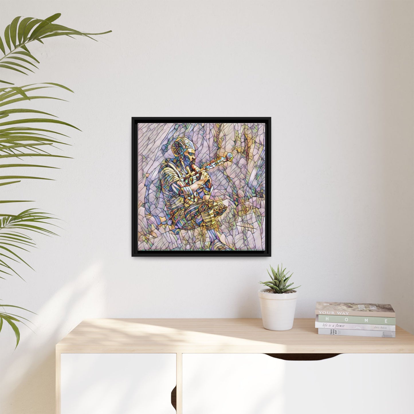 Celtic Piper Framed Matte Canvas — Stained-Glass Style Highland Bagpiper Art