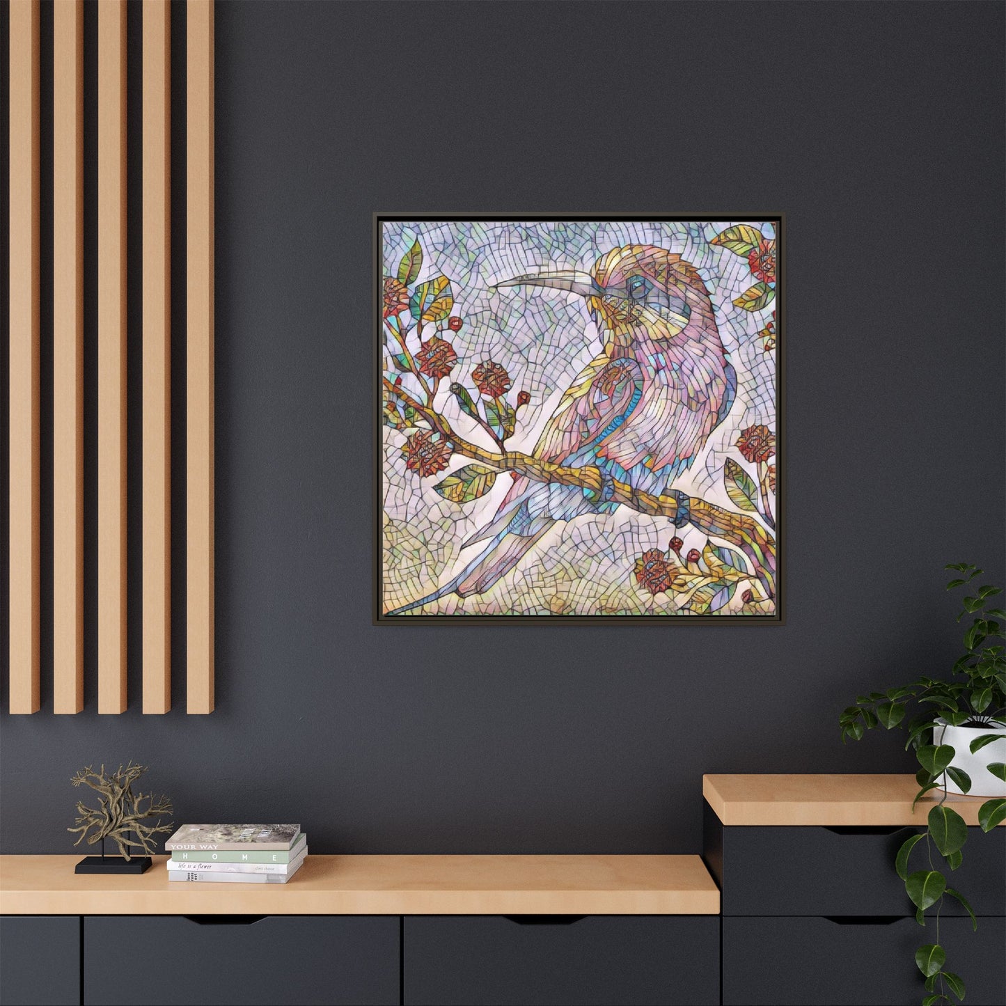 Framed Mosaic Bird Art Print — Colorful Kookaburra Wall Canvas