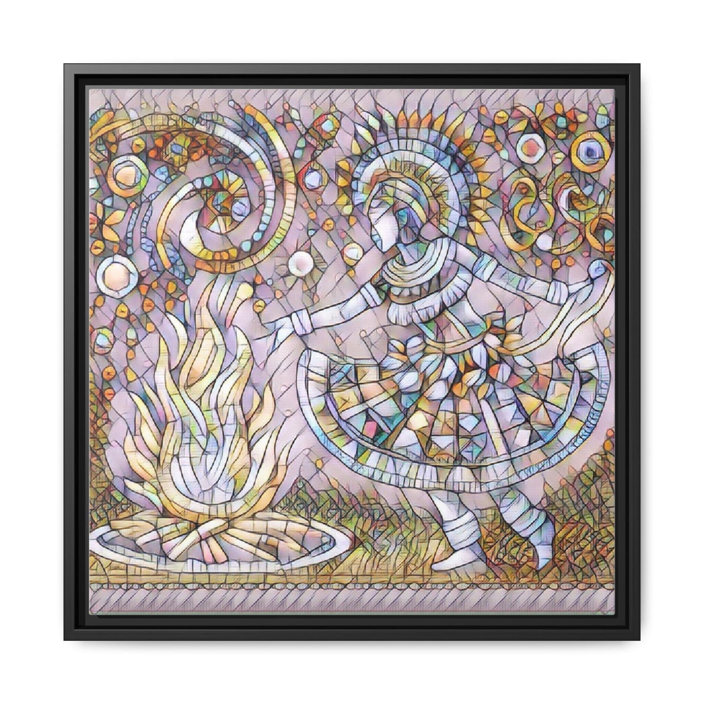 Bohemian Fire Dancer Framed Canvas Art — Colorful Folk Mosaic Wall Decor