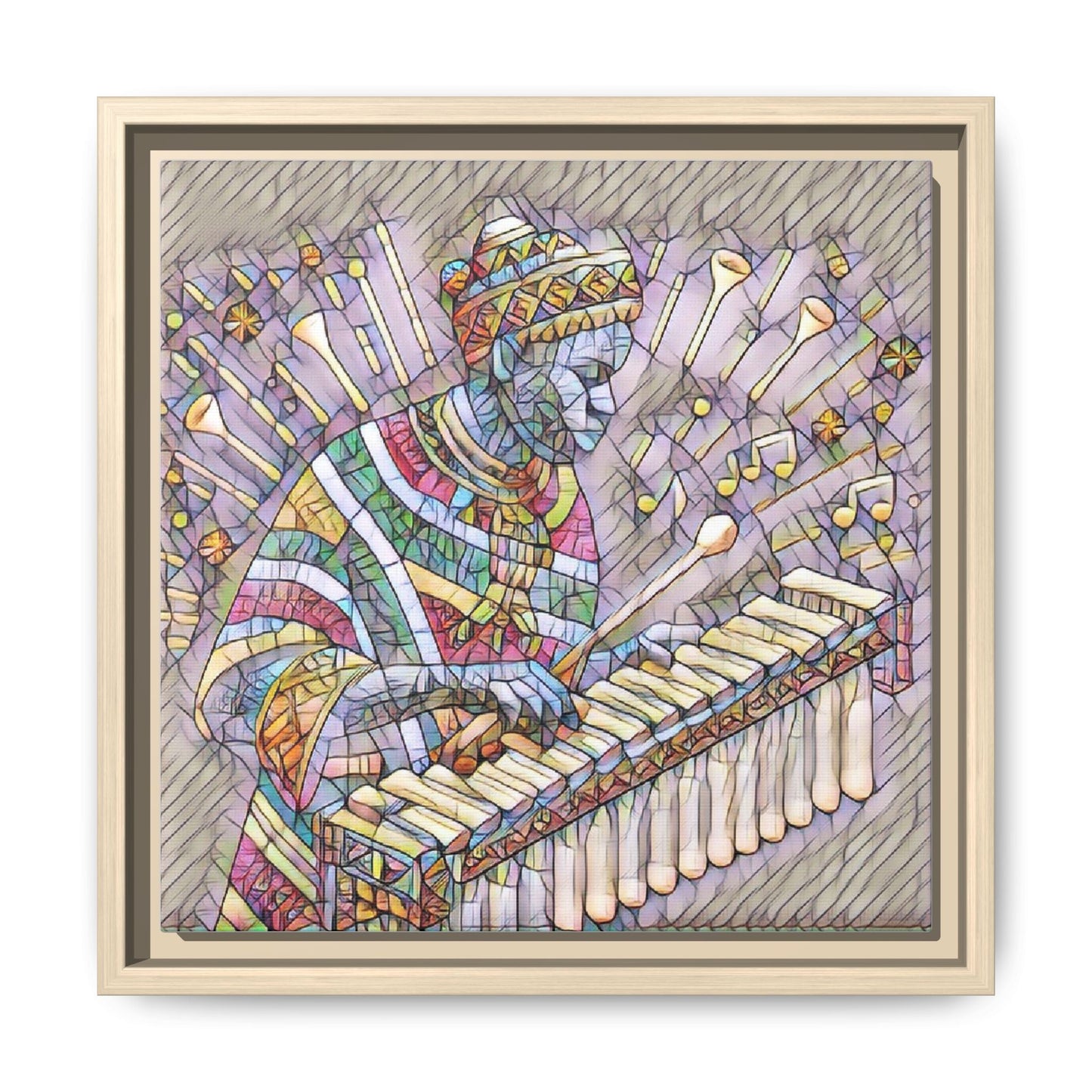 Colorful Marimba Musician Matte Framed Canvas — Vibrant African Instrument Wall Art