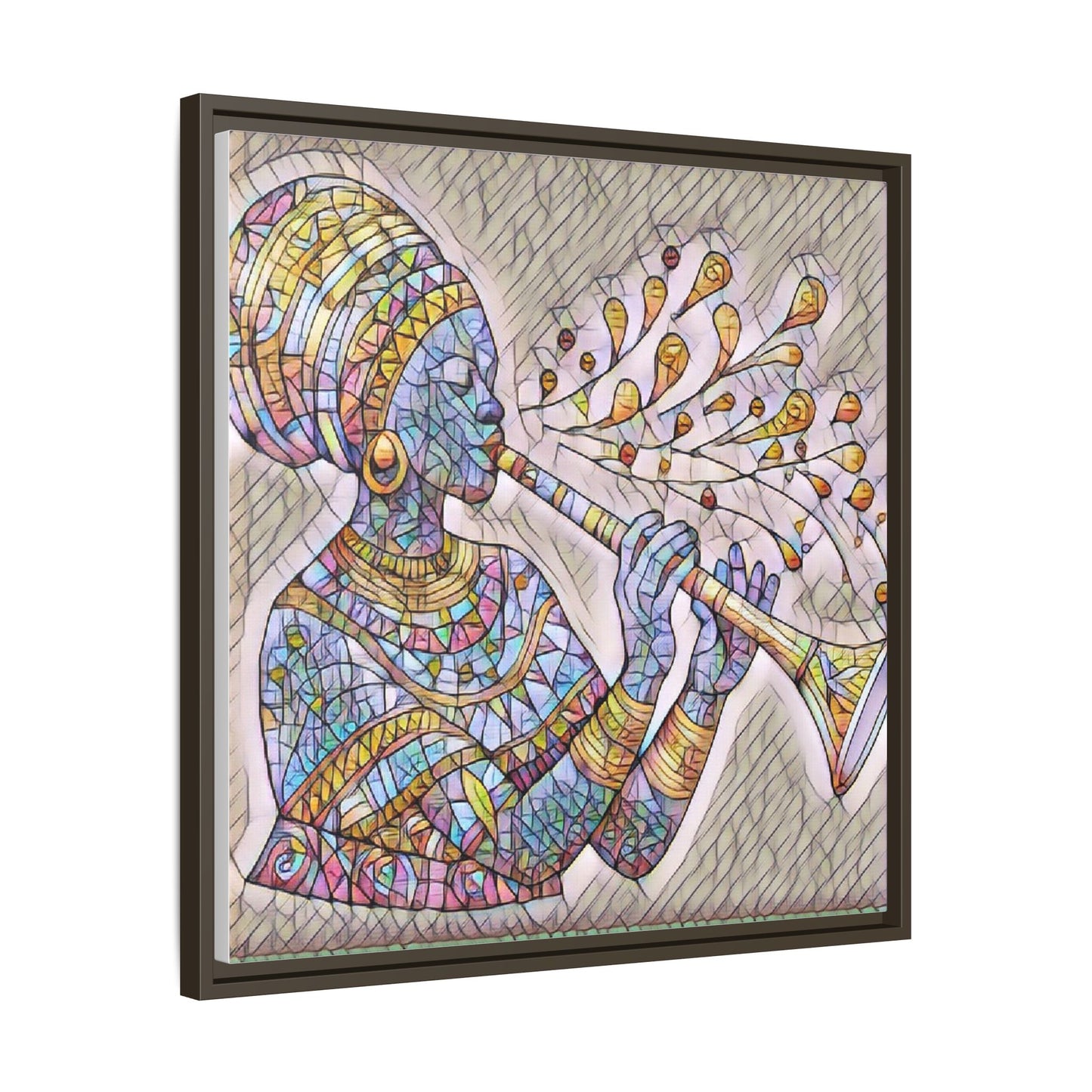 Framed Matte Canvas Art – Colorful African Musician Trumpet Print