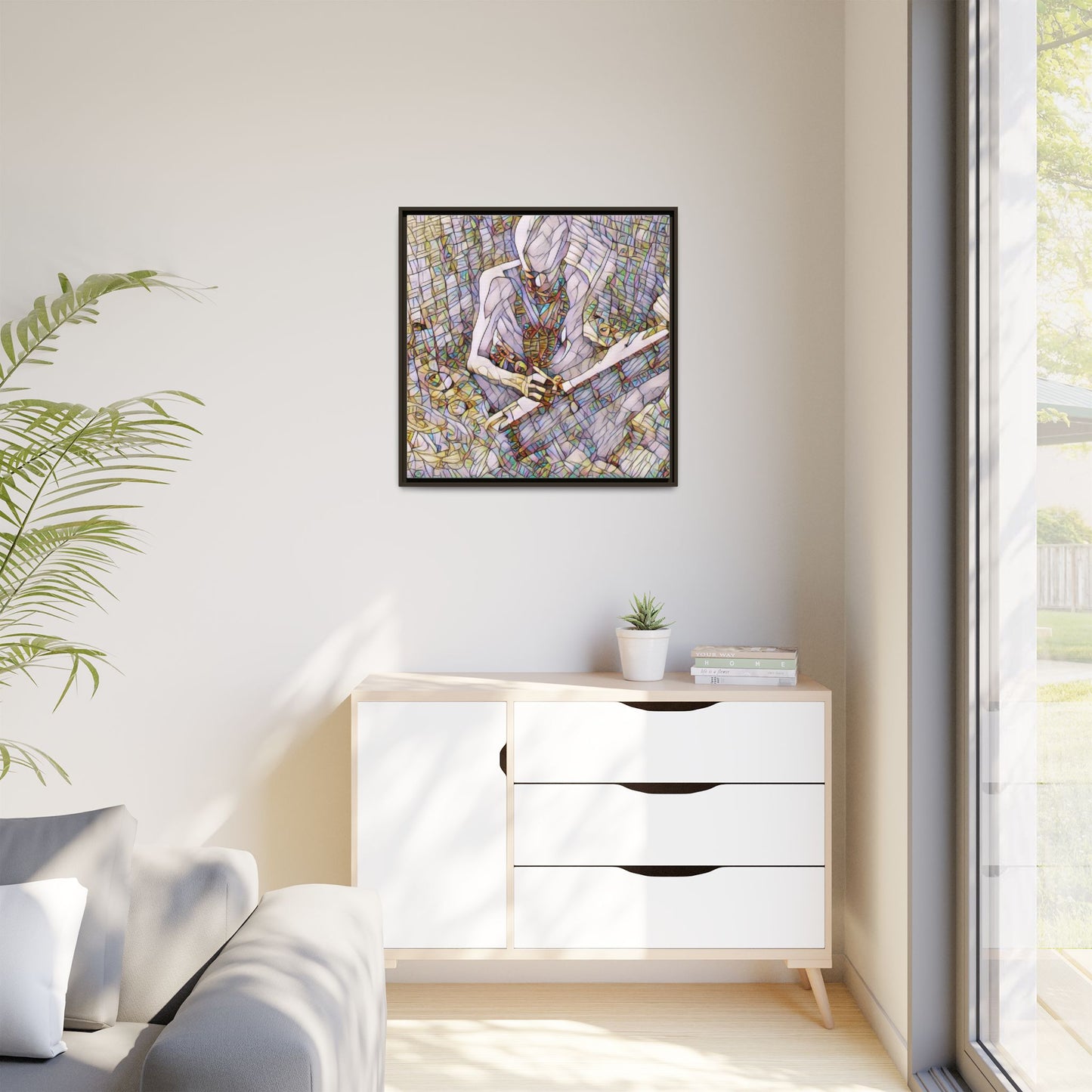 Abstract Fantasy Warrior Matte Framed Canvas — Colorful Stained-Glass Style Art