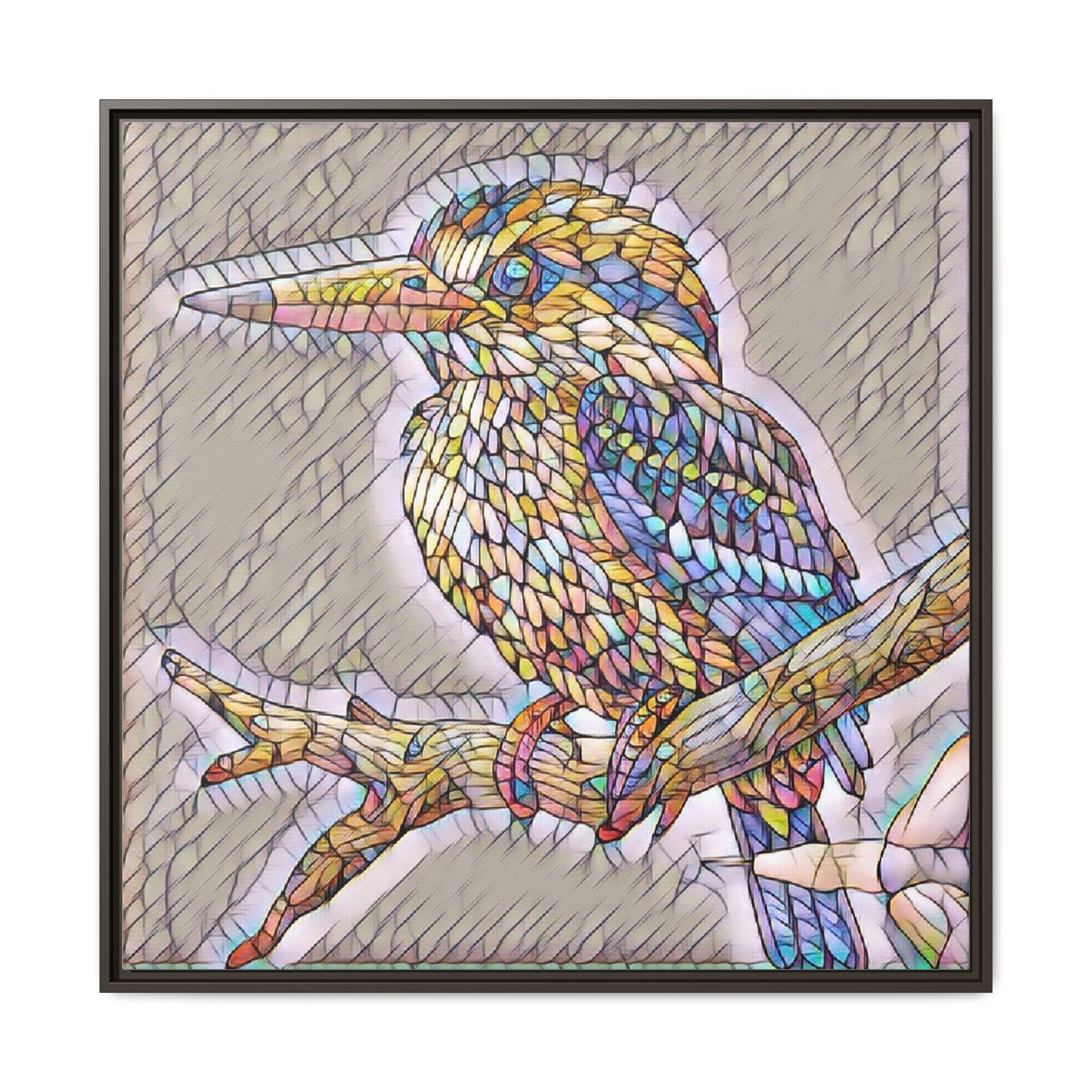 Colorful Kingfisher Framed Canvas Wall Art — Stained-Glass Style Bird Print
