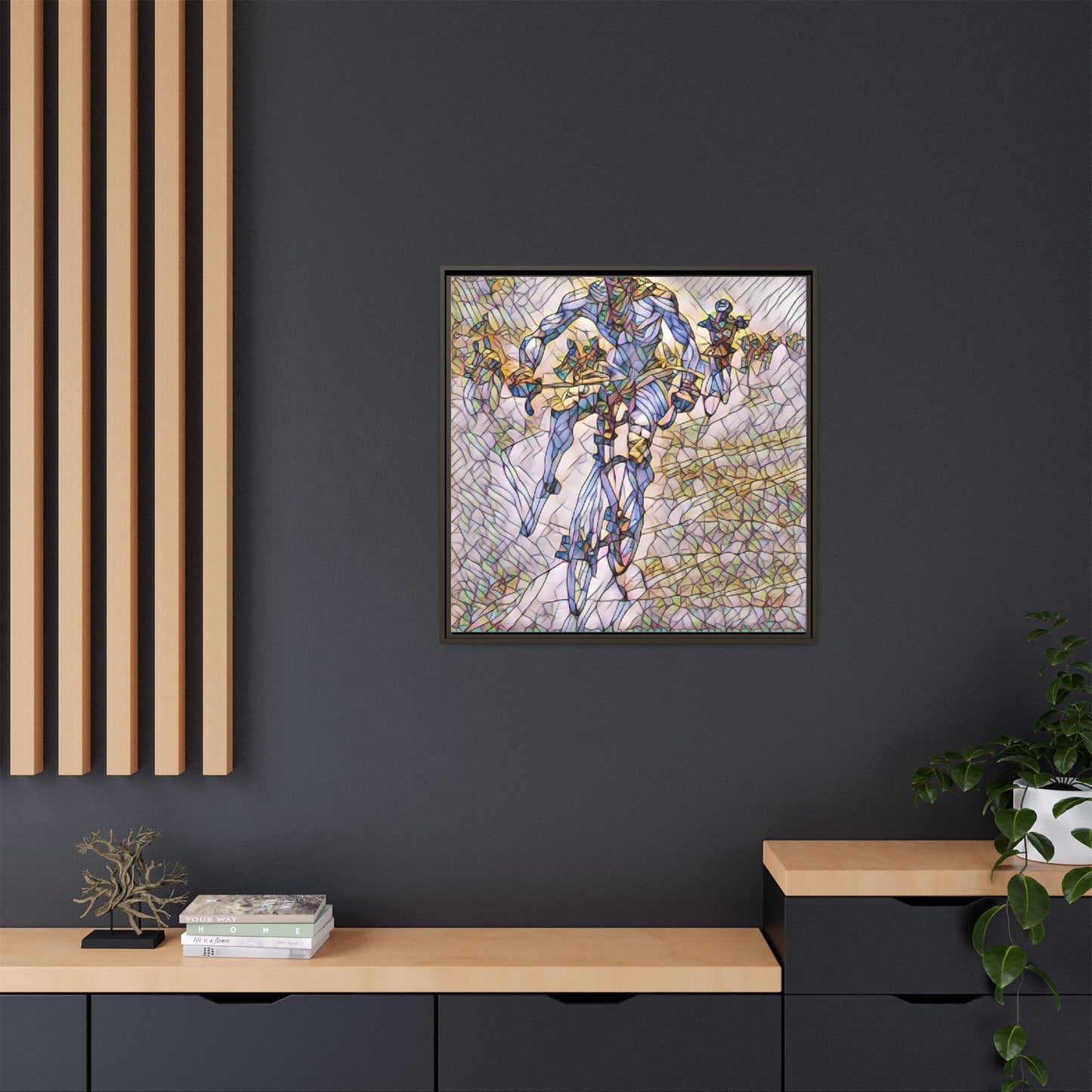 Abstract Cyclist Matte Canvas Framed Art — Colorful Stained-Glass Bike Print
