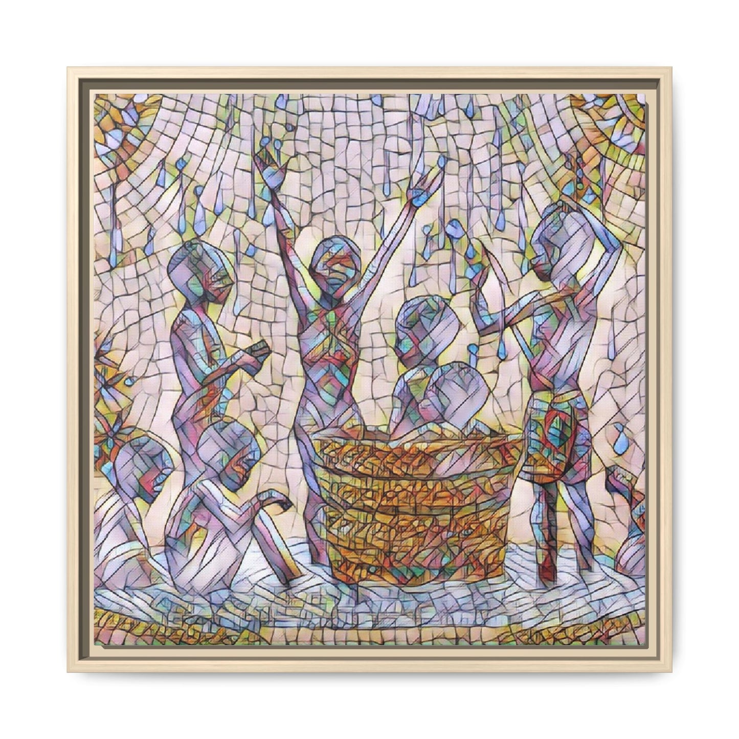 Framed Matte Canvas Art — Children Playing Mosaic Illustration