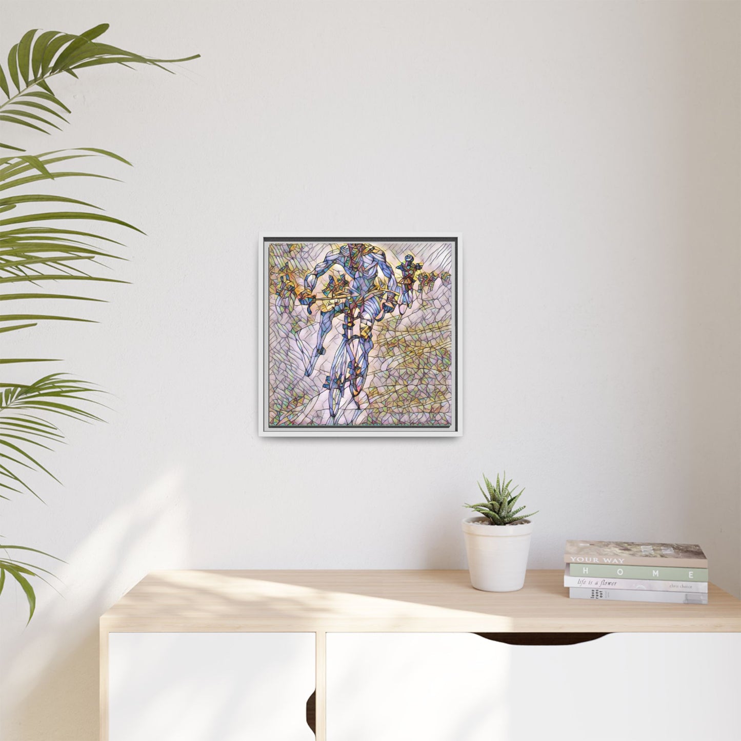 Abstract Cyclist Matte Canvas Framed Art — Colorful Stained-Glass Bike Print
