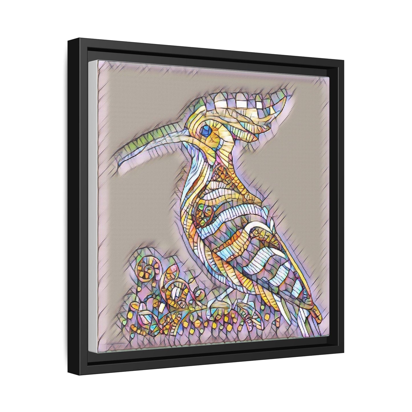 Colorful Mosaic Bird Framed Canvas Art — Whimsical Hoopoe Wall Decor