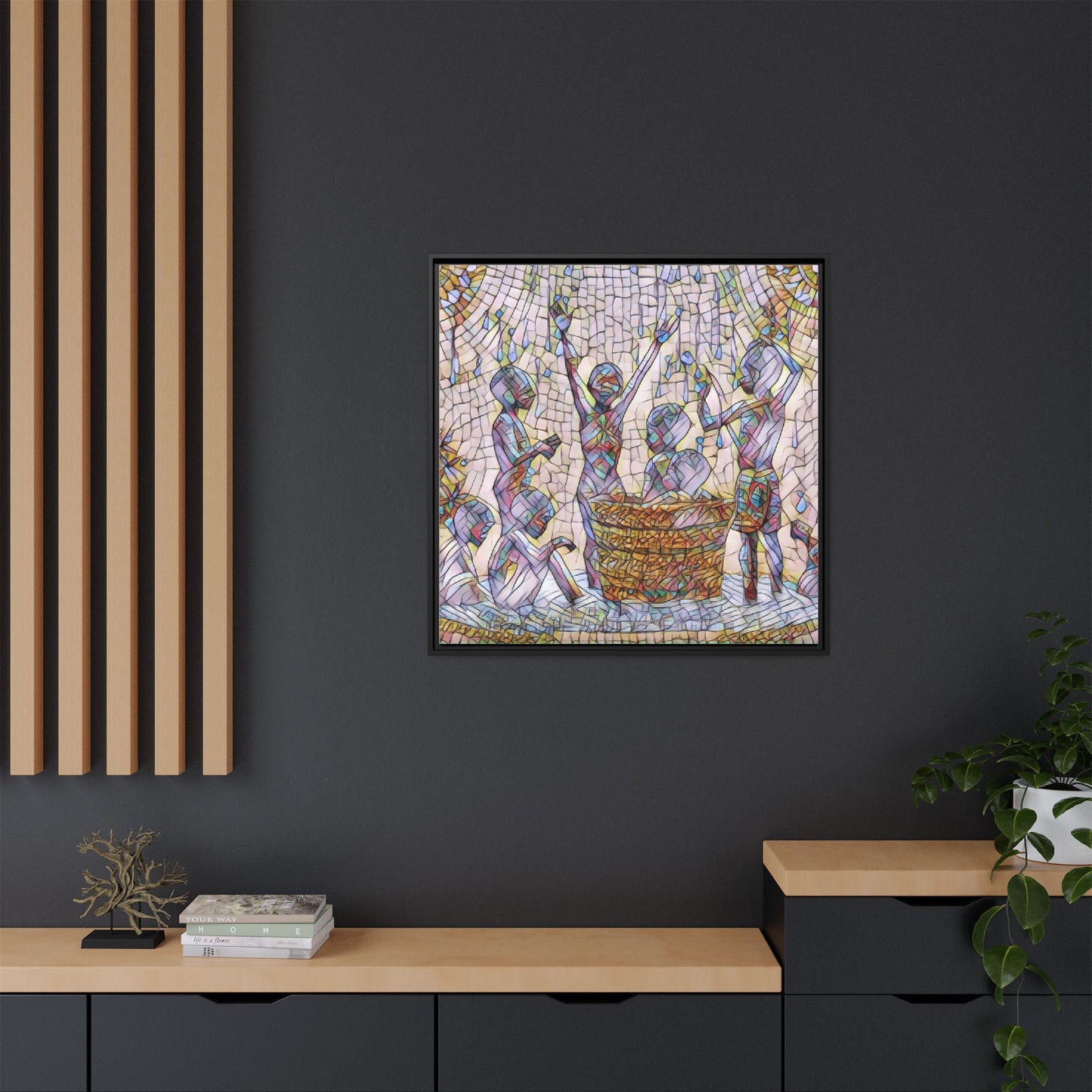 Framed Matte Canvas Art — Children Playing Mosaic Illustration