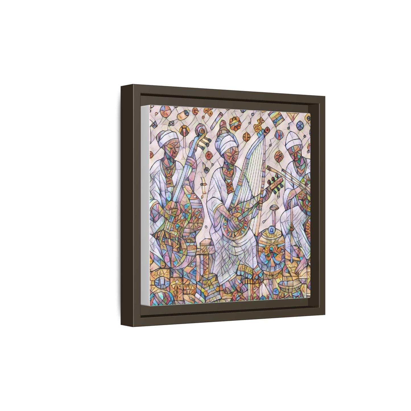 Framed Matte Canvas Print — Colorful African Musicians Stained-Glass Art