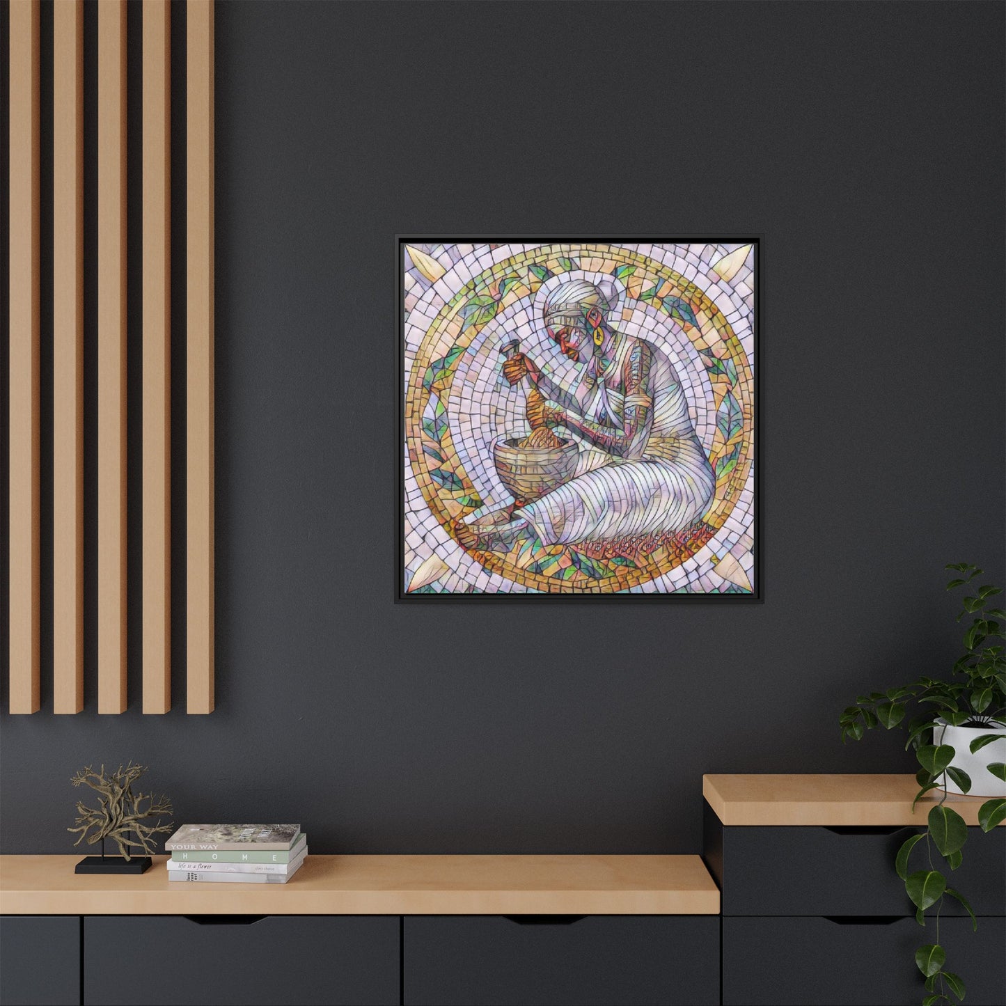 Framed Mosaic Art Print — Woman Grinding Grain (Matte Canvas)