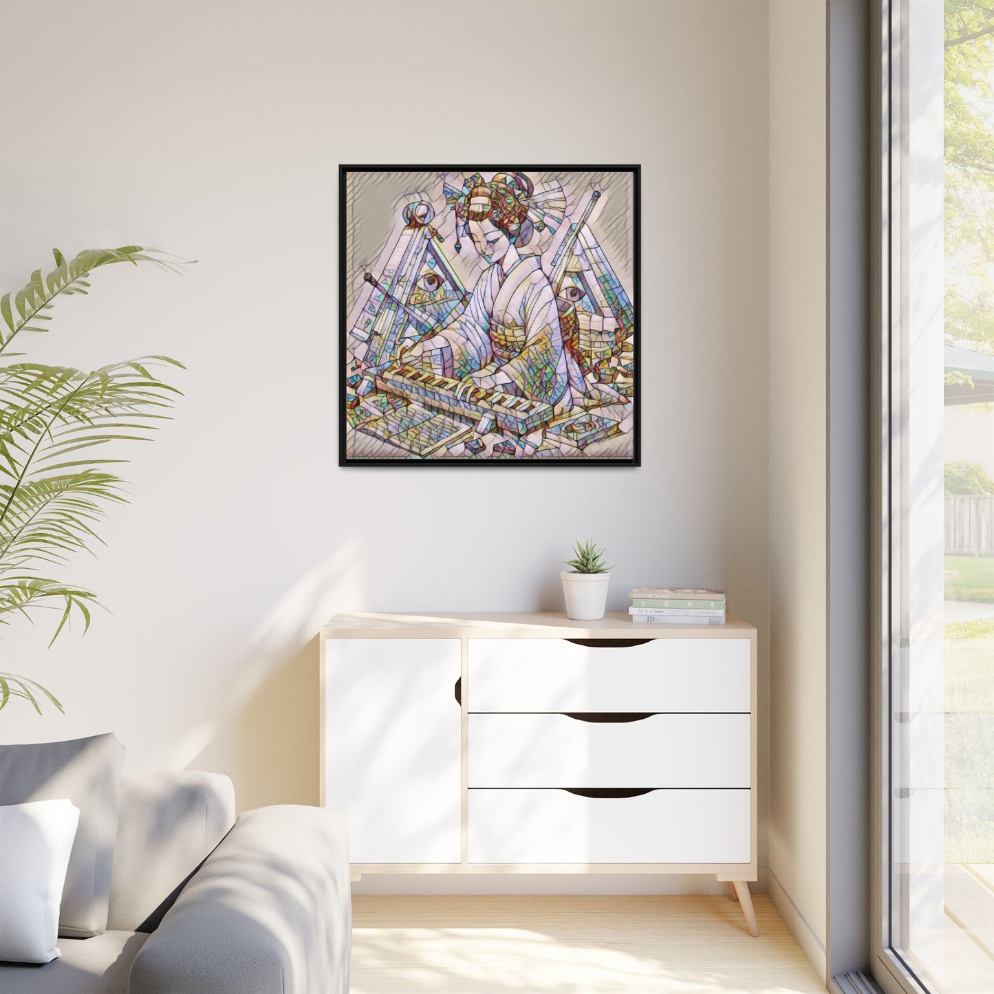 Framed Matte Canvas: Stained-Glass Geisha Wall Art