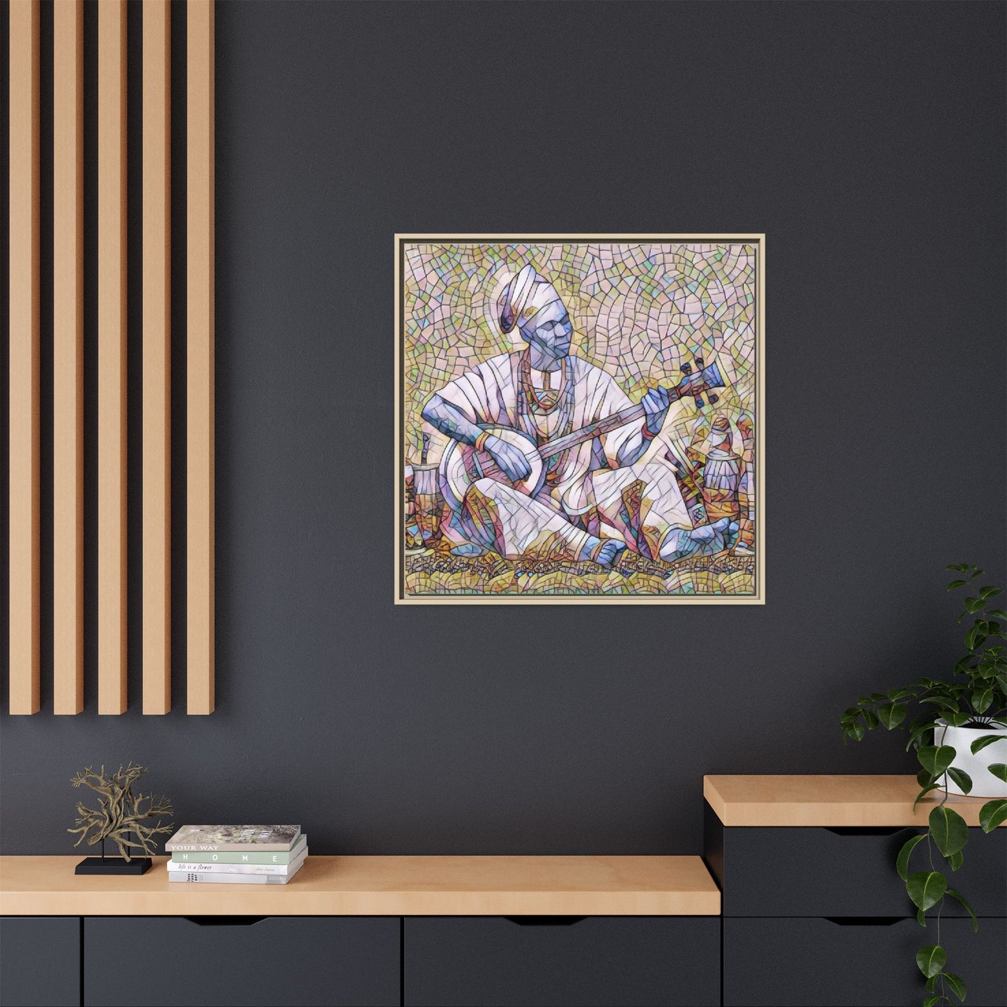 Framed Mosaic Musician Canvas Art — African Griot with Kora