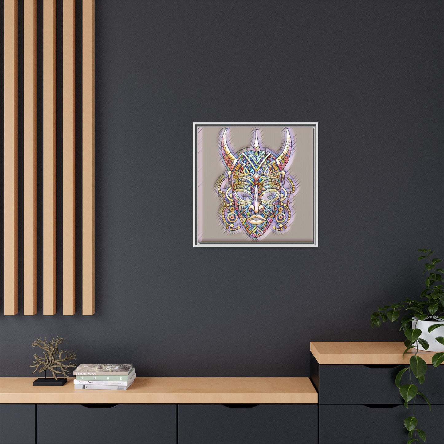 Colorful Tribal Mask Framed Canvas Art — Abstract Ethnic Wall Decor