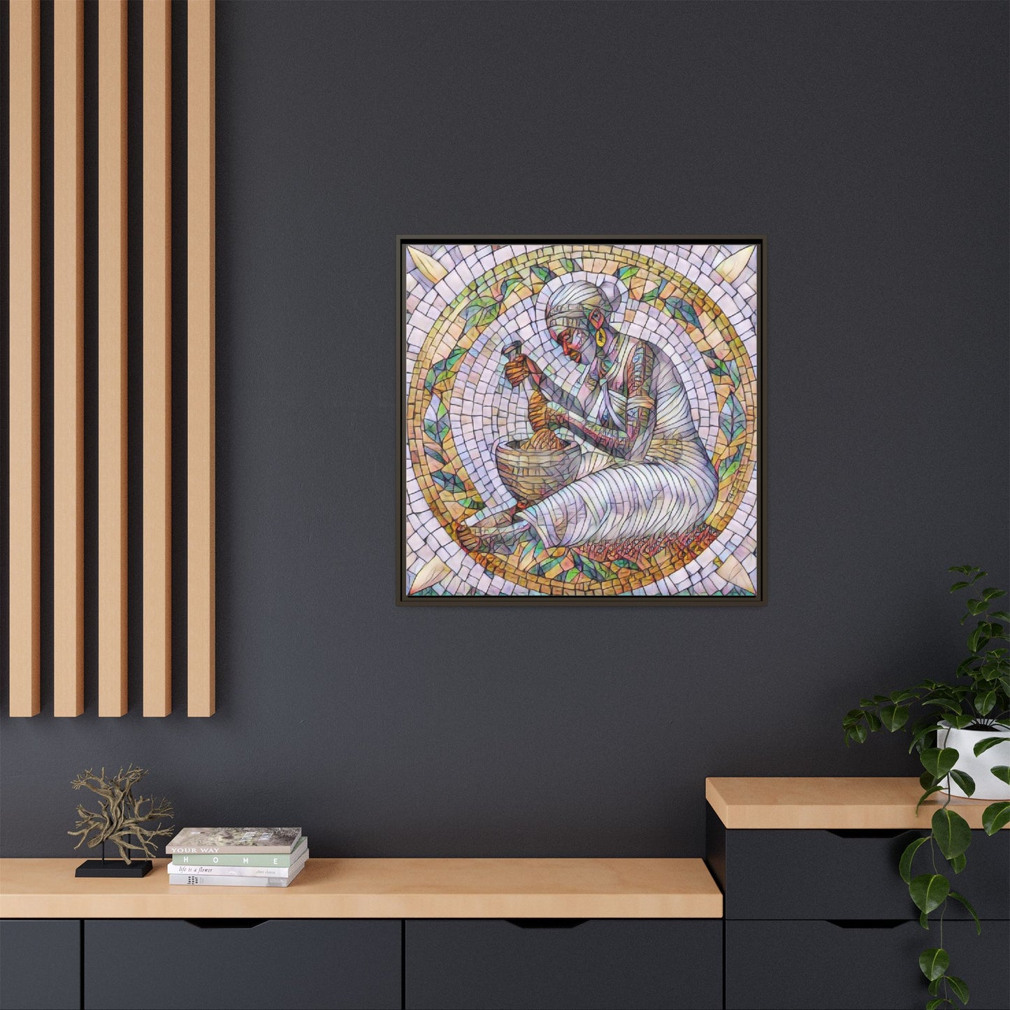 Framed Mosaic Art Print — Woman Grinding Grain (Matte Canvas)