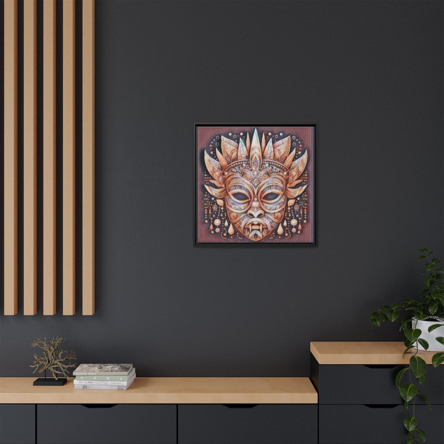 Tribal Sun Mask Framed Canvas Art — Boho Ethnic Wall Decor