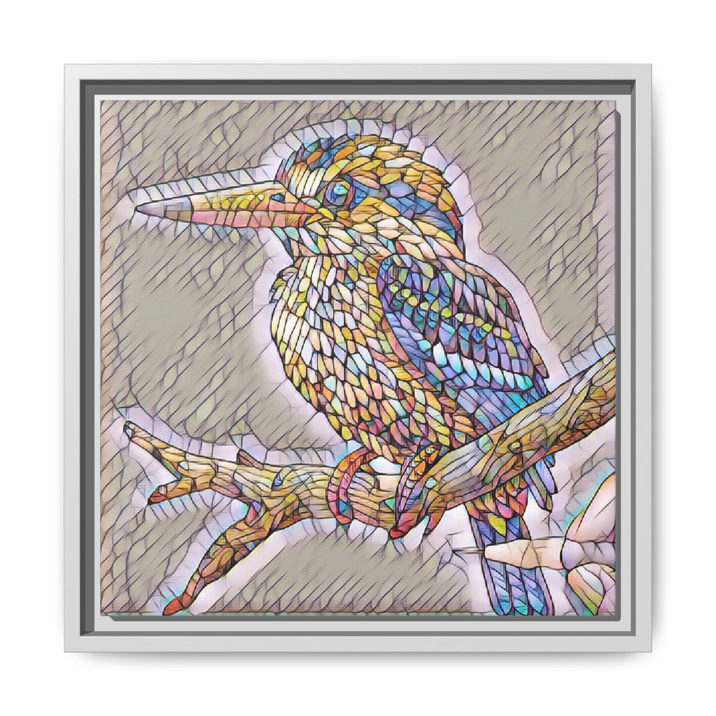 Colorful Kingfisher Framed Canvas Wall Art — Stained-Glass Style Bird Print