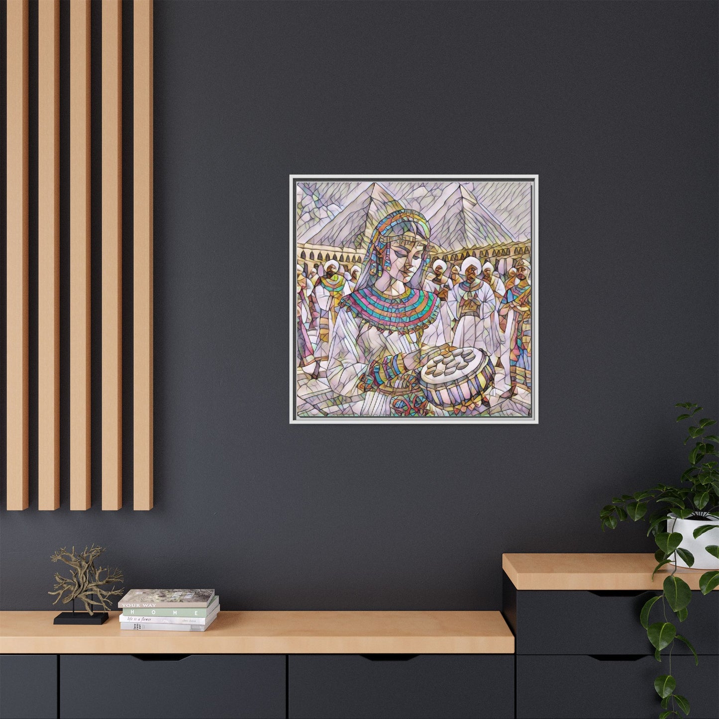 Egyptian Drum Player Framed Canvas Art — Colorful Ancient Scene Wall Decor