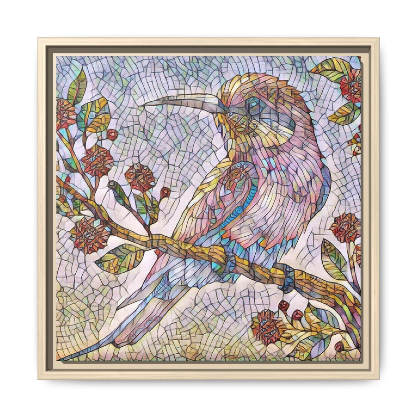 Framed Mosaic Bird Art Print — Colorful Kookaburra Wall Canvas