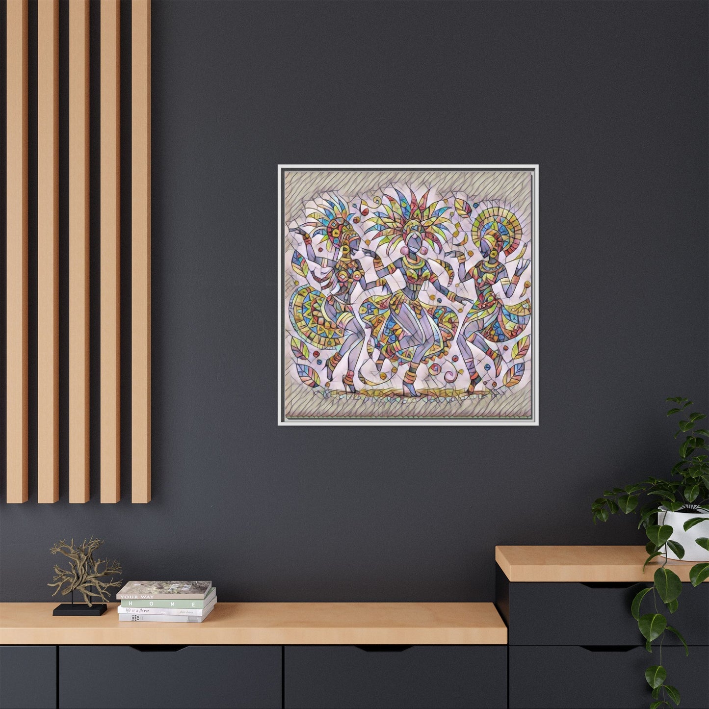 Colorful Carnival Dancers Framed Canvas Art — Multicolor Tribal Celebration Print