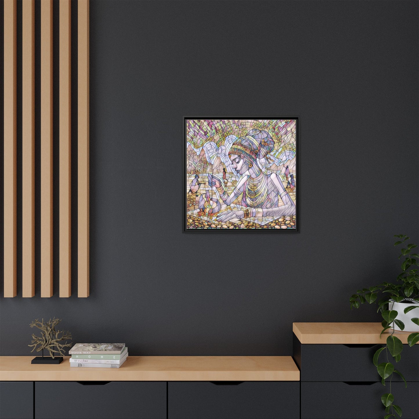 Framed Matte Canvas Art — Mosaic-Inspired Egyptian Woman Illustration