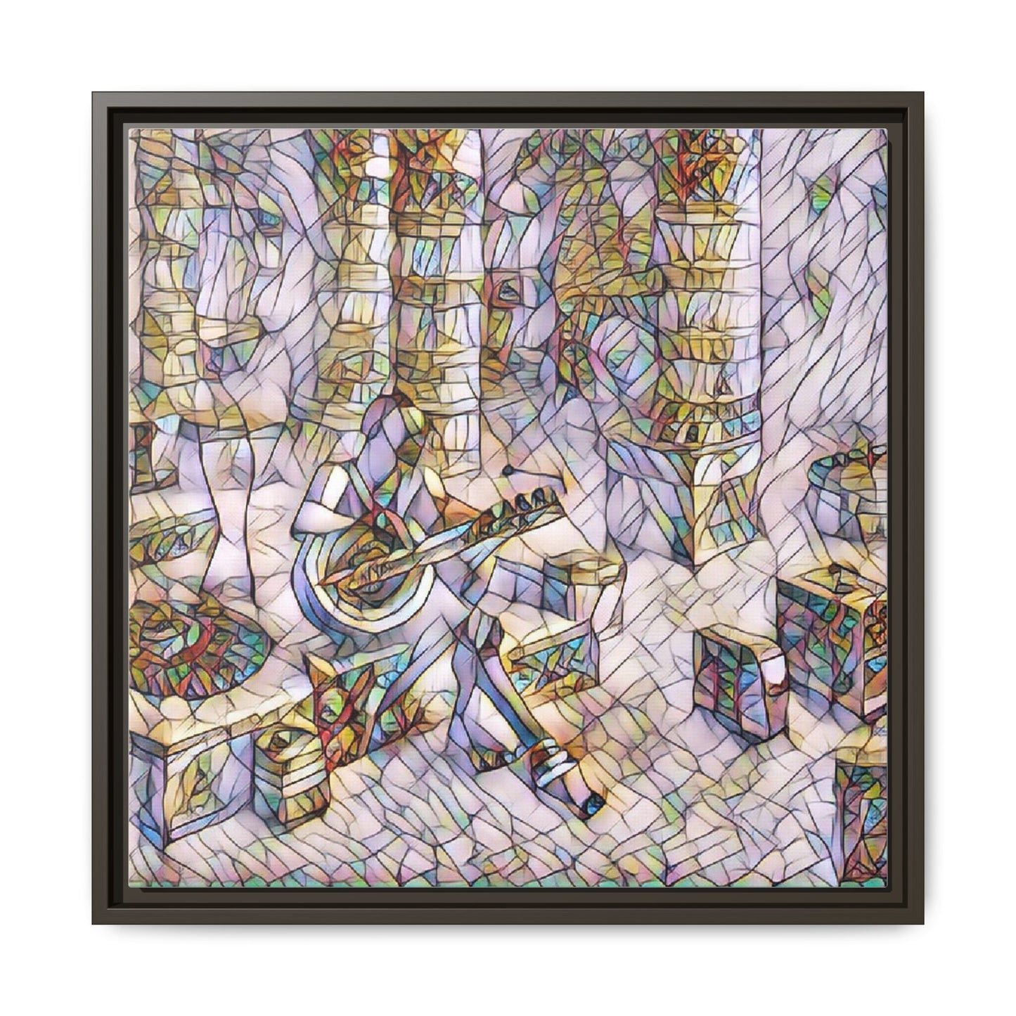 Framed Matte Canvas Art - Abstract Guitarist in Colorful Mosaic