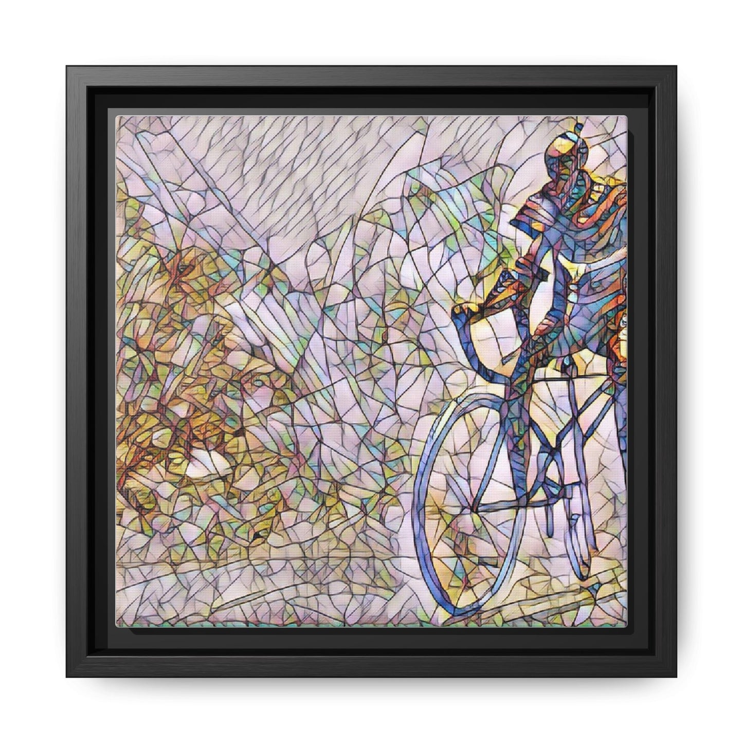 Colorful Cyclist Stained-Glass Art — Framed Matte Canvas
