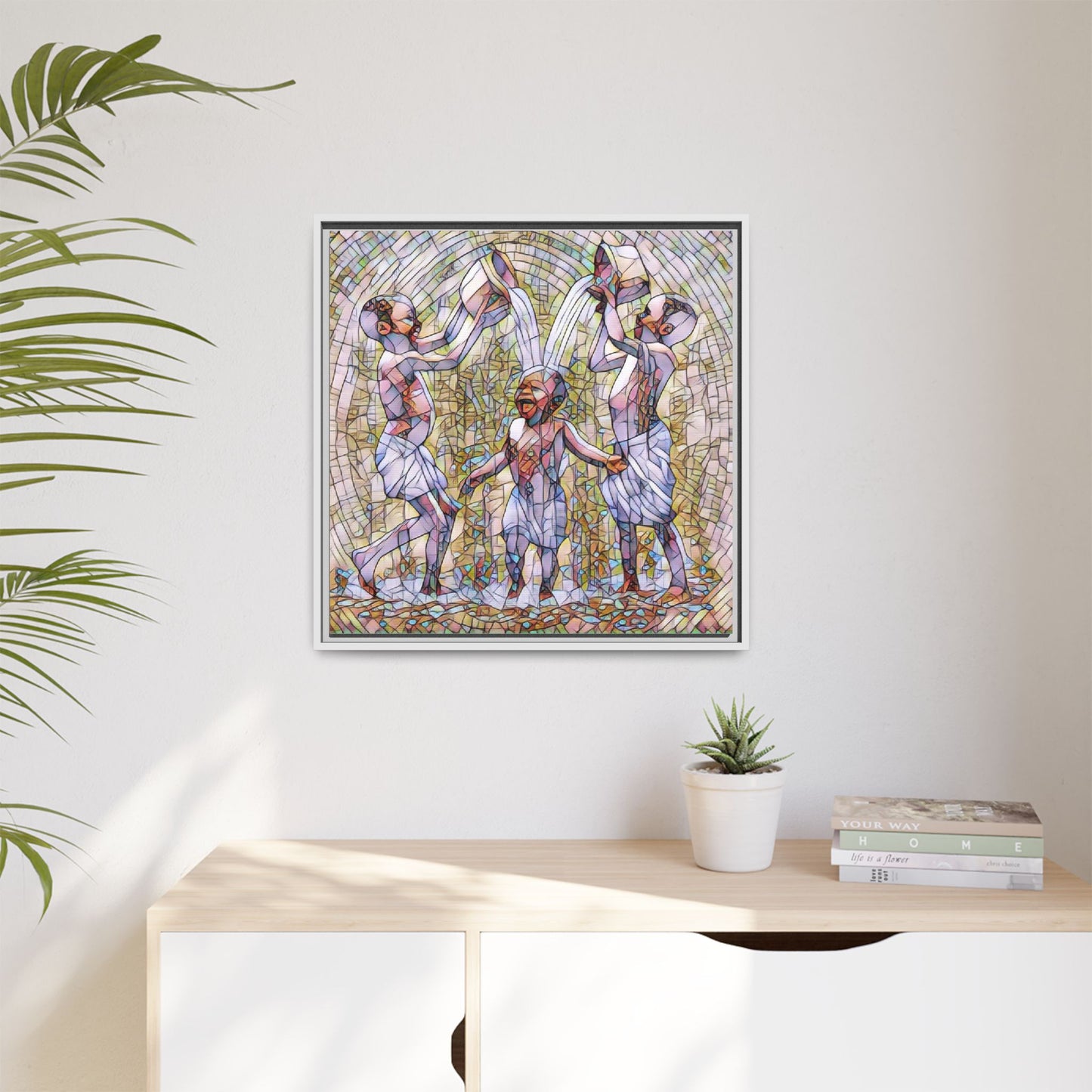 Framed Matte Canvas Art – Joyful Water Dance Family Stained-Glass Print