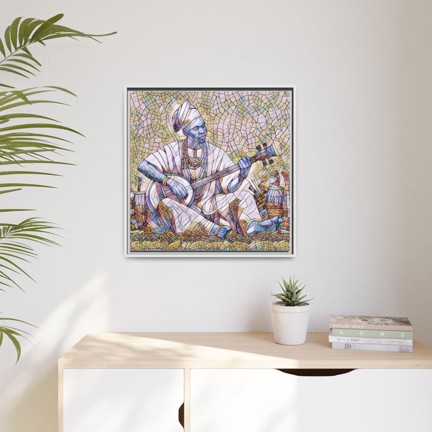 Framed Mosaic Musician Canvas Art — African Griot with Kora