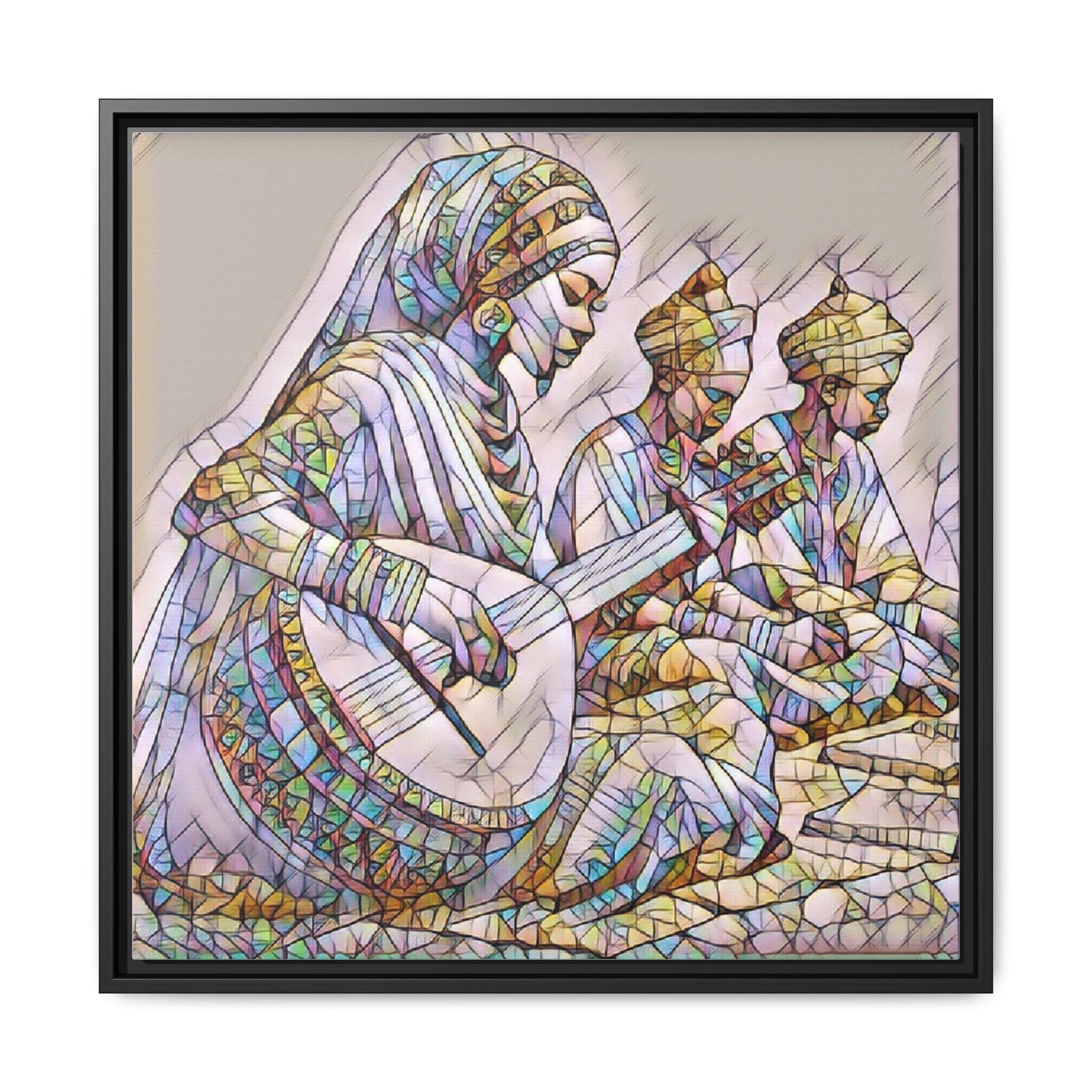 Framed Matte Canvas: Colorful Moroccan Musicians Wall Art