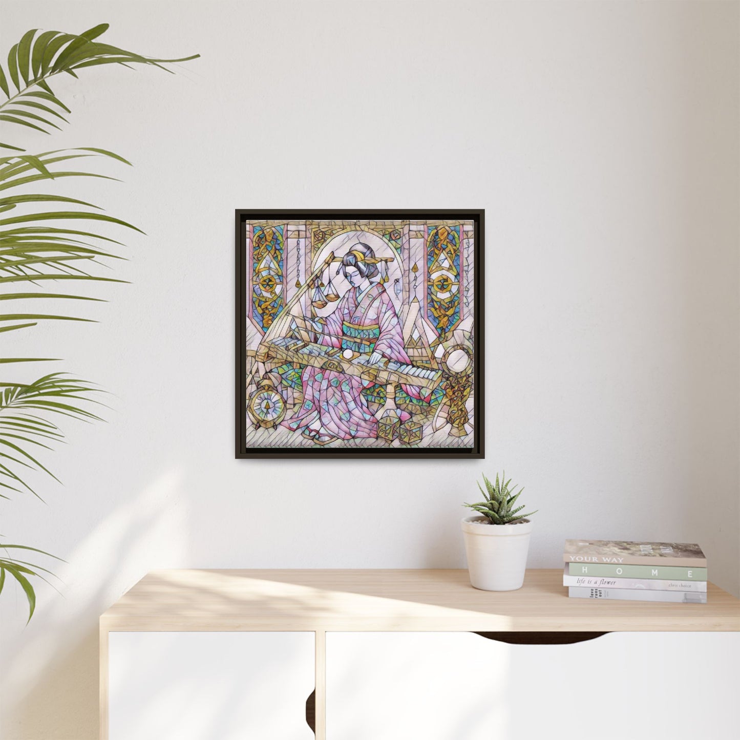 Framed Matte Canvas — Geisha Harp Stained-Glass Art Print