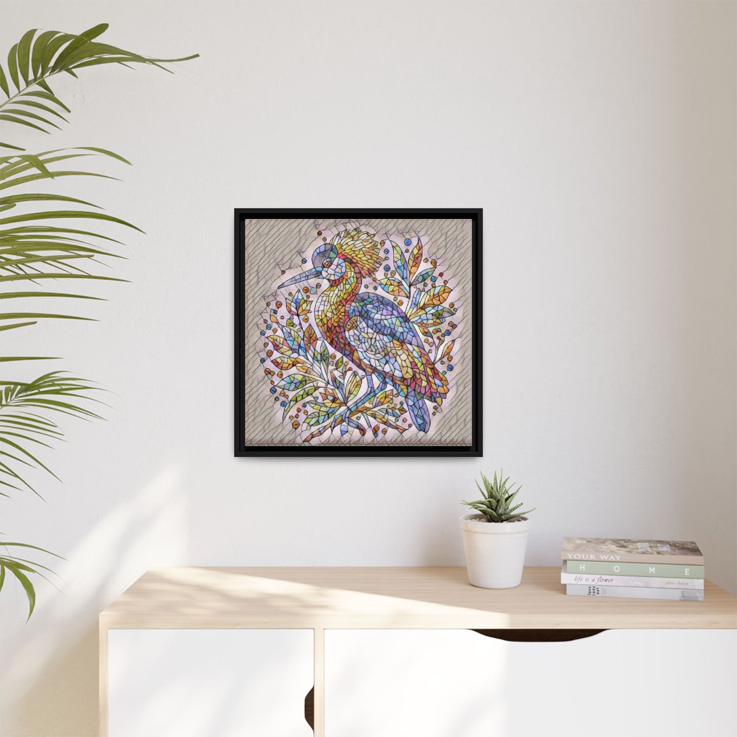 Colorful Stained-Glass Heron — Framed Matte Canvas Wall Art
