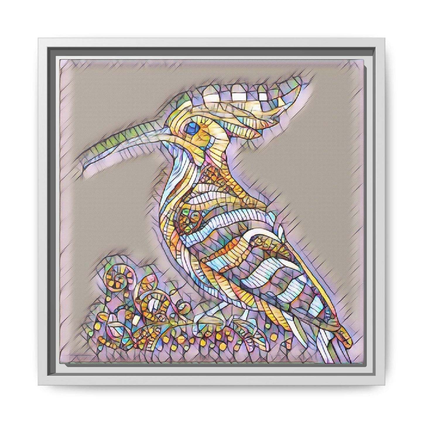 Colorful Mosaic Bird Framed Canvas Art — Whimsical Hoopoe Wall Decor