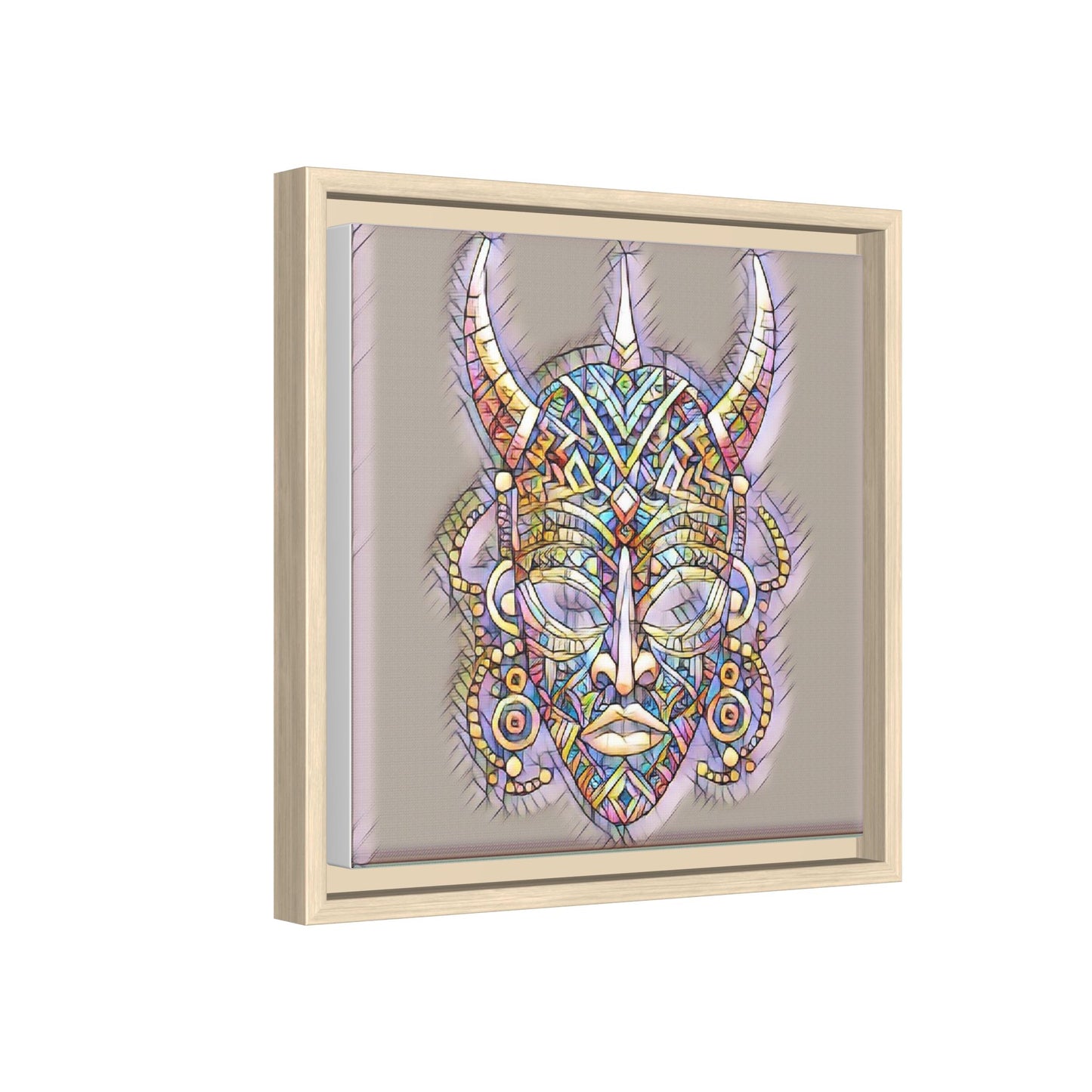 Colorful Tribal Mask Framed Canvas Art — Abstract Ethnic Wall Decor