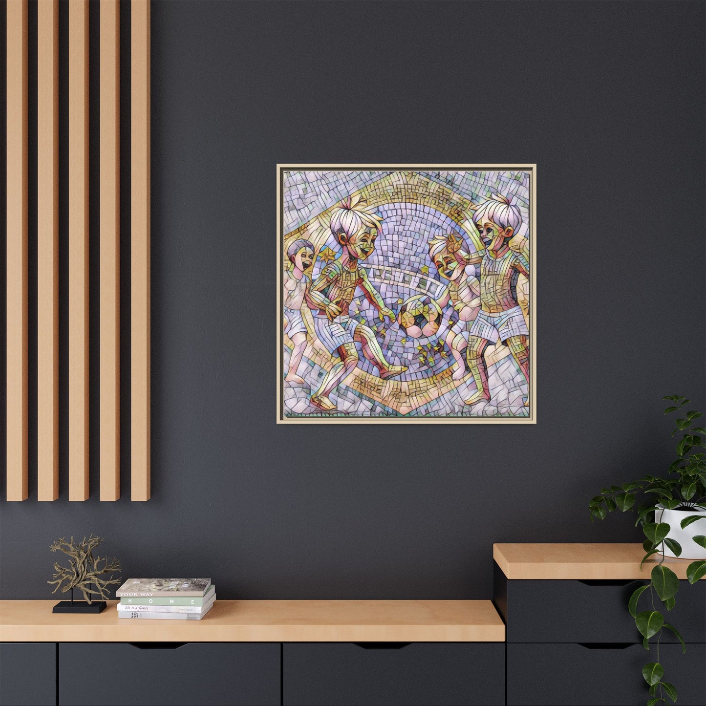 Framed Matte Canvas – Vintage Mosaic Kids Playing Soccer Art