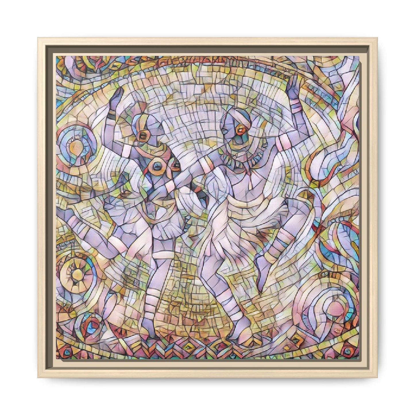 Abstract Dancers Matte Framed Canvas Wall Art — Multi‑Color Stained Glass Style