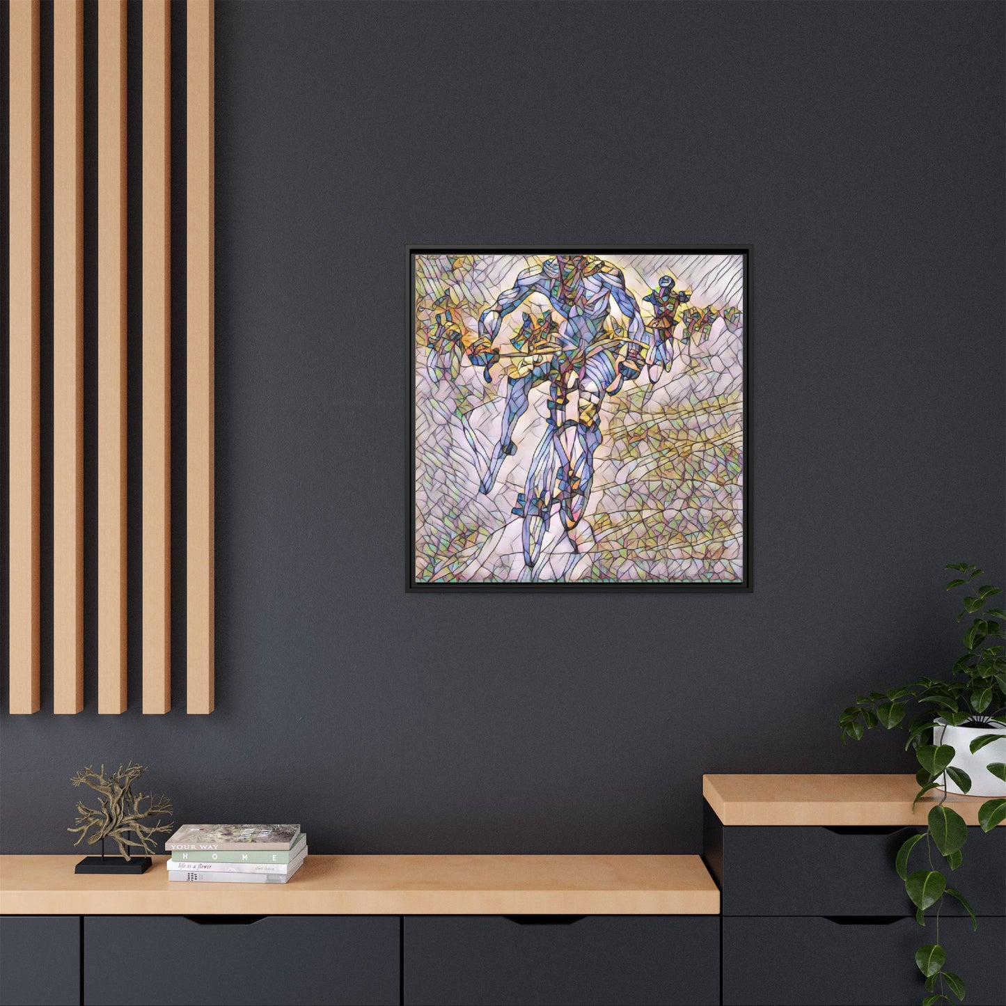 Abstract Cyclist Matte Canvas Framed Art — Colorful Stained-Glass Bike Print