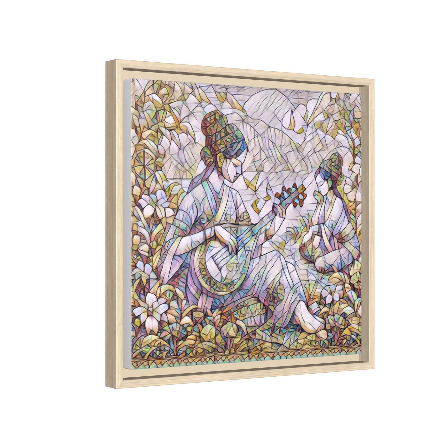 Framed Matte Canvas Art - Vintage Asian Musicians Floral Illustration