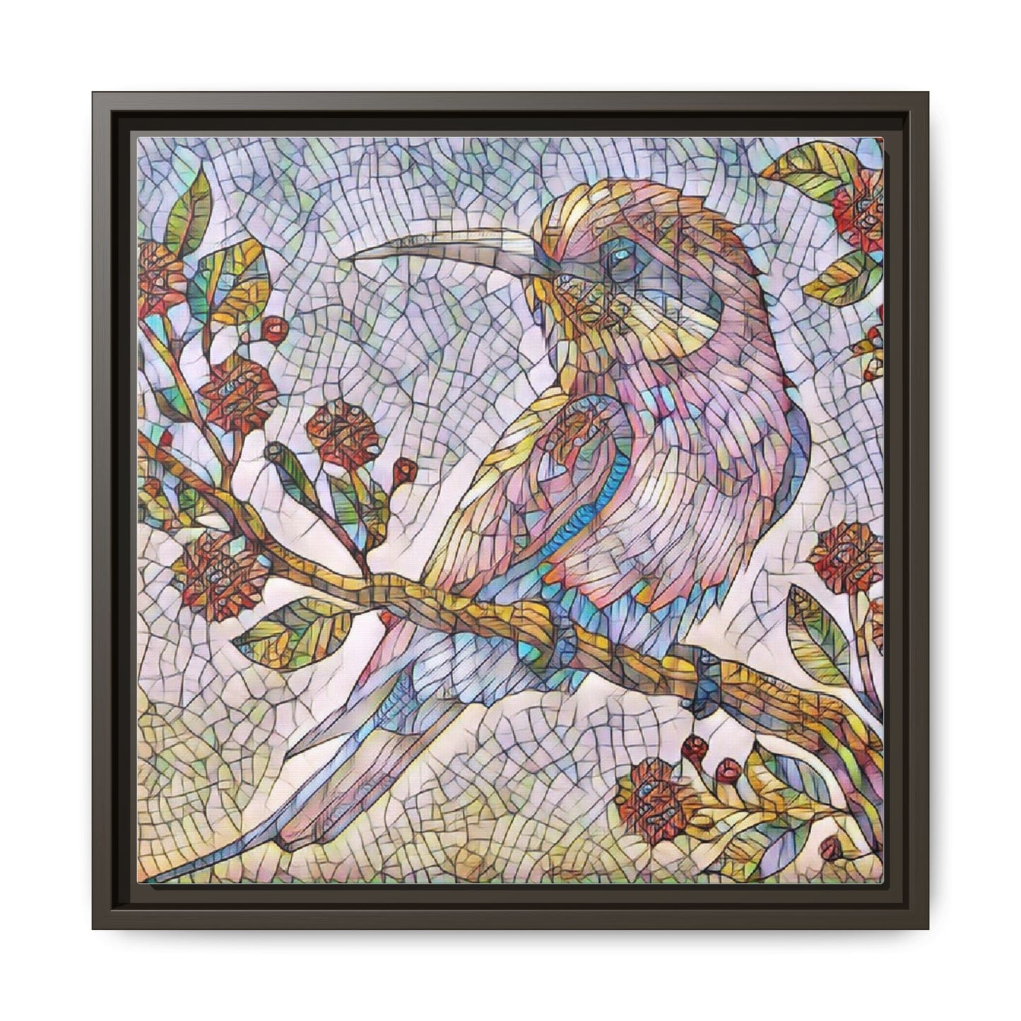 Framed Mosaic Bird Art Print — Colorful Kookaburra Wall Canvas