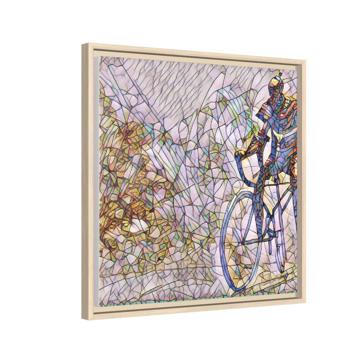 Colorful Cyclist Stained-Glass Art — Framed Matte Canvas