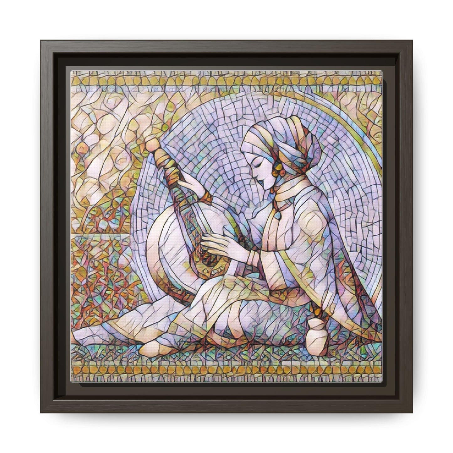 Framed Matte Canvas: Mosaic Lute Player Wall Art — Bohemian Musical Portrait